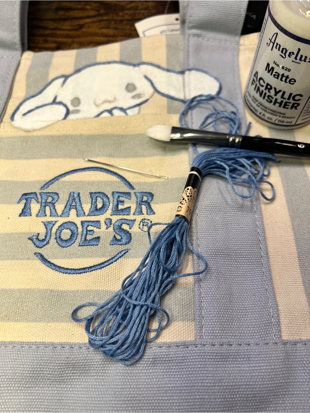 Trader Joe's Striped Mini Tote Cinnamoroll hand painted & hand embroidered! - Picture 5 of 7